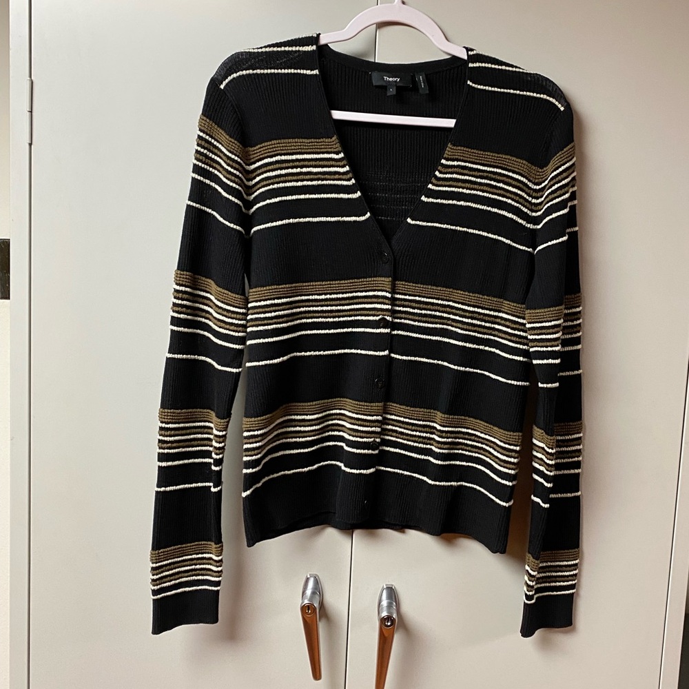 Theory Black and Brown Striped Cardigan